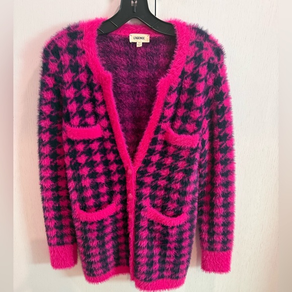 L'AGENCE Sweaters - L'AGENCE Hot Pink & Black Fuzzy Houndstooth Cardigan